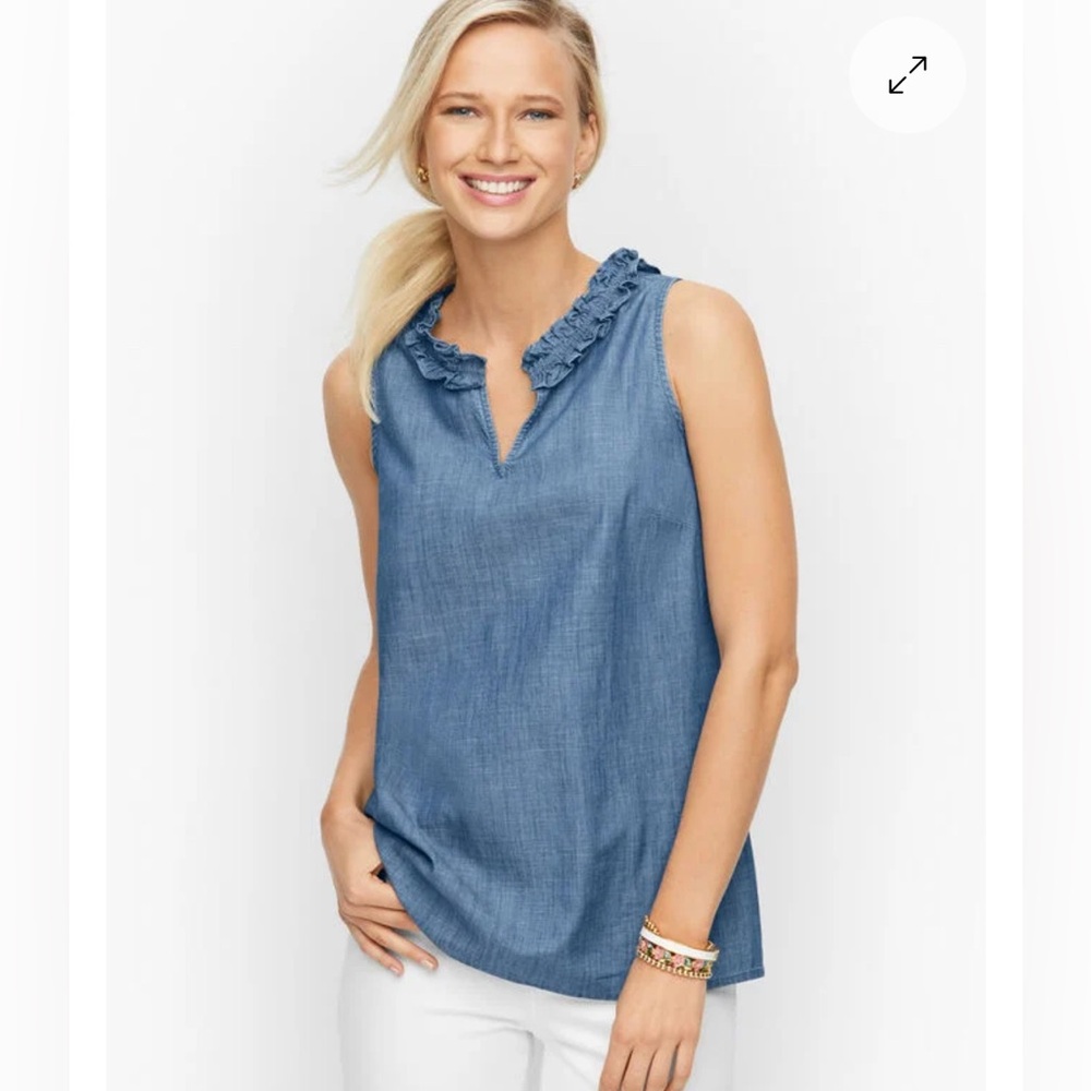Talbots Women’s RUFFLE TRIM SHELL - DENIM SLUB Sleeveless Shirt Blouse Sz L